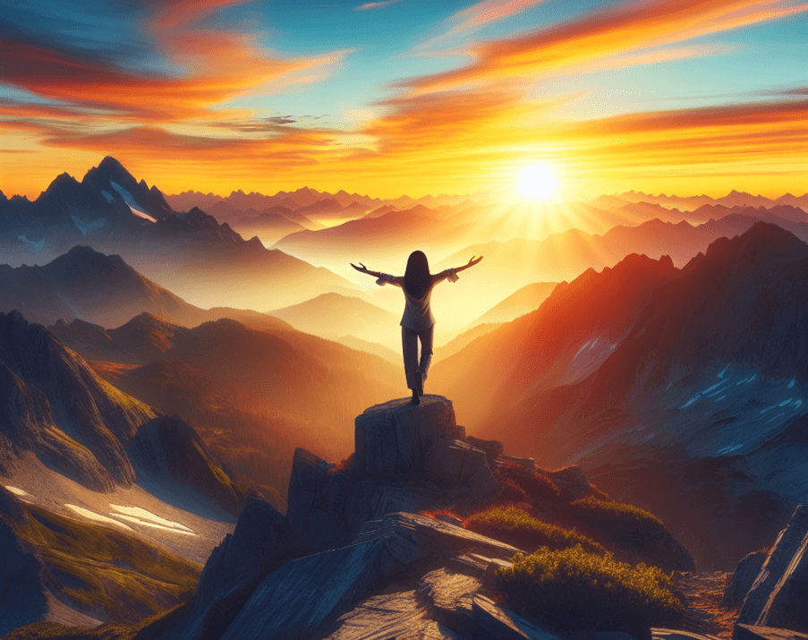 An Asian woman stands triumphantly on a mountain peak at sunrise, surrounded by warm hues and a striking mountain backdrop.